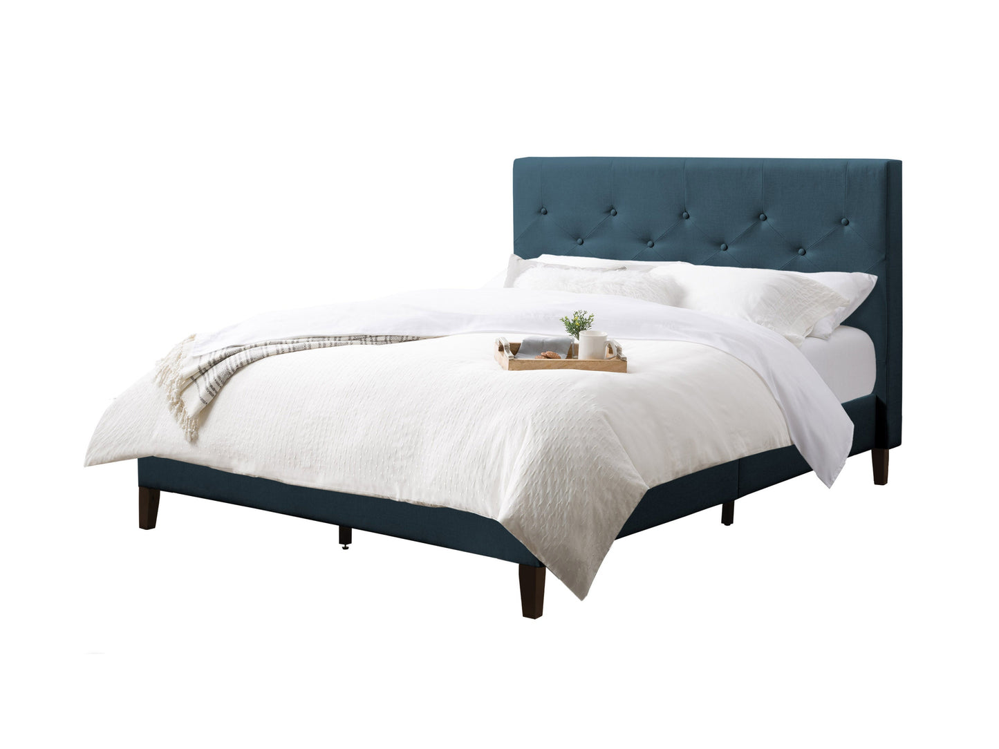 Blue button-tufted double/full bed with plush upholstery, wooden legs, and a padded headboard. Ideal for modern bedrooms seeking stylish, comfortable furniture.