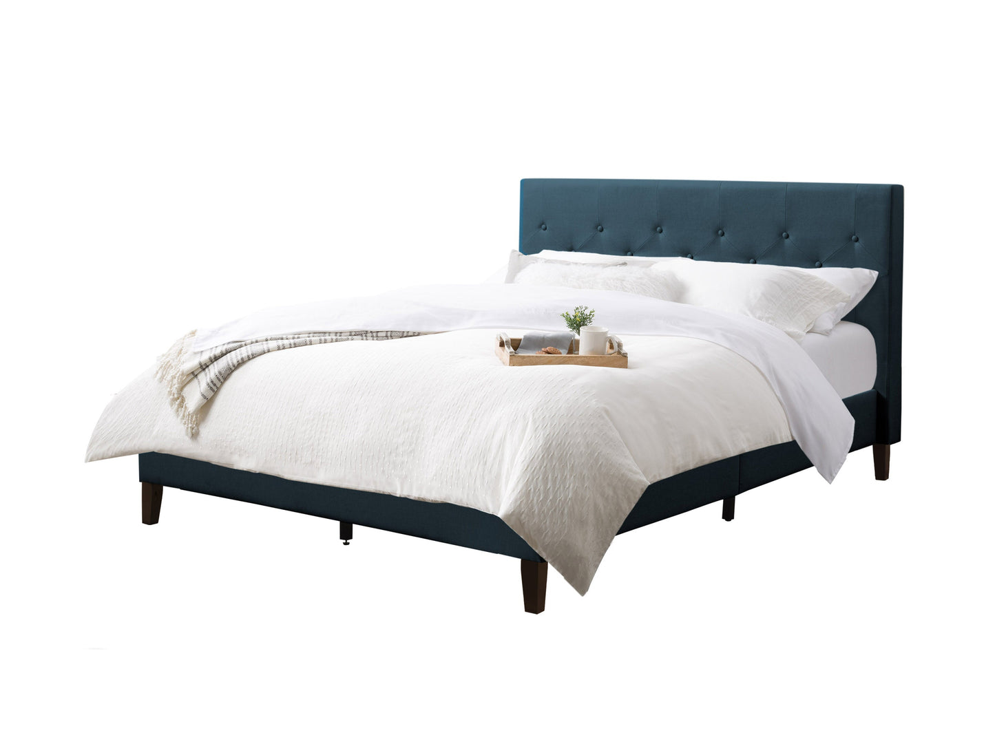 Blue button tufted queen bed with plush velvet upholstery, elegant headboard, and sturdy wooden frame. Ideal for modern bedrooms, this stylish bed combines comfort and sophistication.