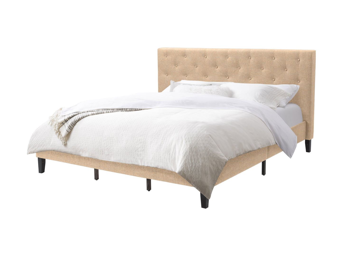 Cream button tufted king bed with elegant headboard, soft fabric upholstery, and sturdy wooden frame, perfect for luxurious bedroom decor.