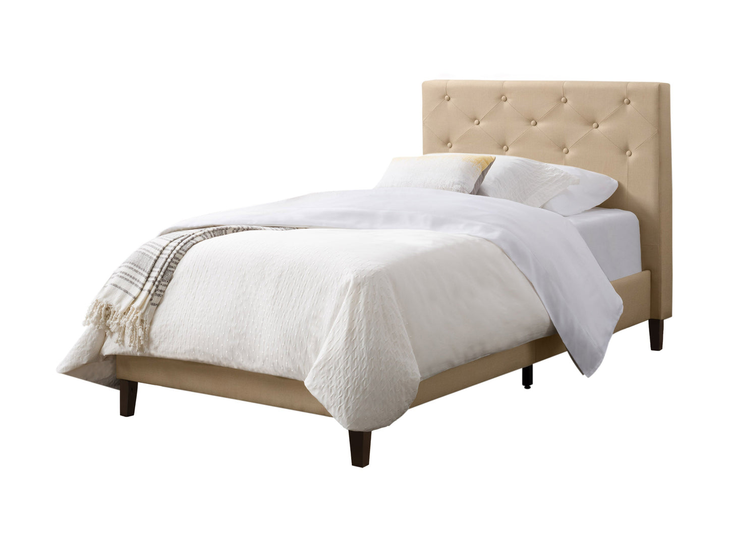 Cream button tufted twin bed with a plush headboard, soft fabric upholstery, and wooden legs. Elegant design with diamond stitching, perfect for contemporary bedrooms.