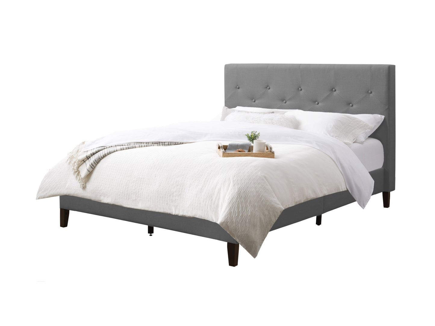 Light grey button tufted double/full bed with upholstered headboard, featuring elegant diamond stitching and plush padding for added comfort and style. Perfect for modern and contemporary bedrooms.
