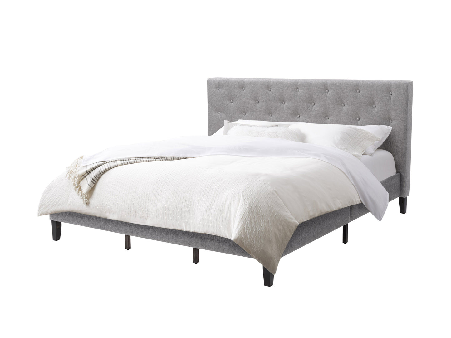 Alt Tag: Light grey button tufted king bed with upholstered headboard, elegant design, and sturdy wooden legs, perfect for modern bedrooms.