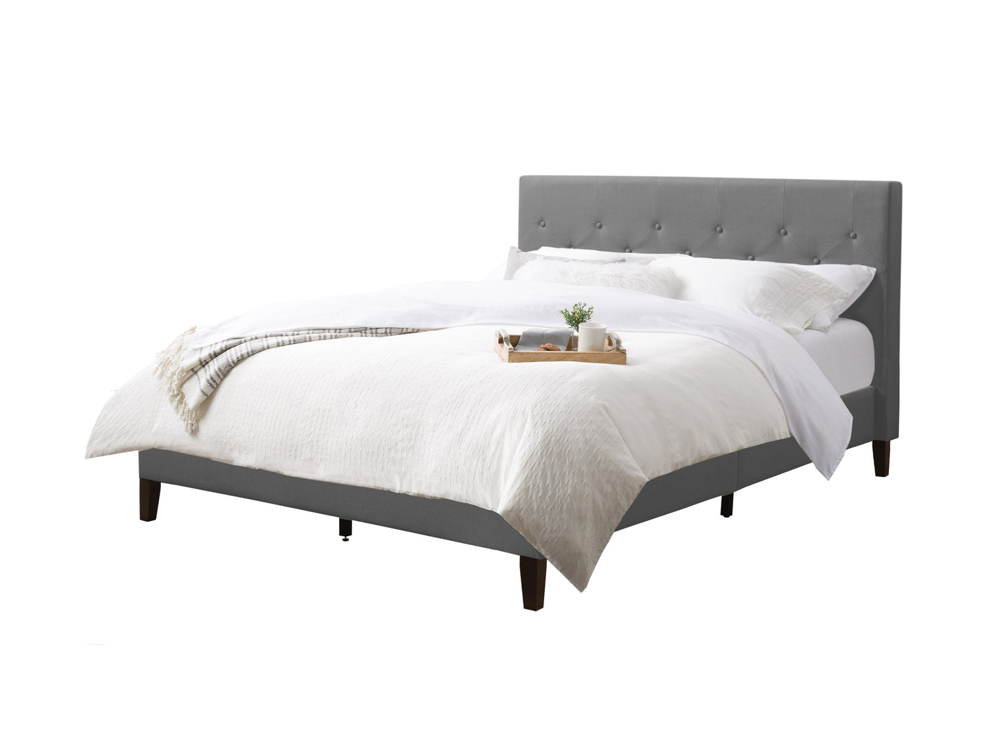 Light grey button tufted queen bed with elegant headboard, upholstered fabric, and sturdy wooden legs, perfect for modern bedrooms.