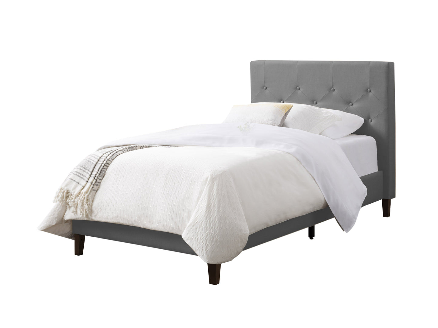 Light grey button tufted twin bed with elegant headboard, soft fabric upholstery, and sturdy wooden legs. Ideal for modern bedrooms, providing comfort and style.