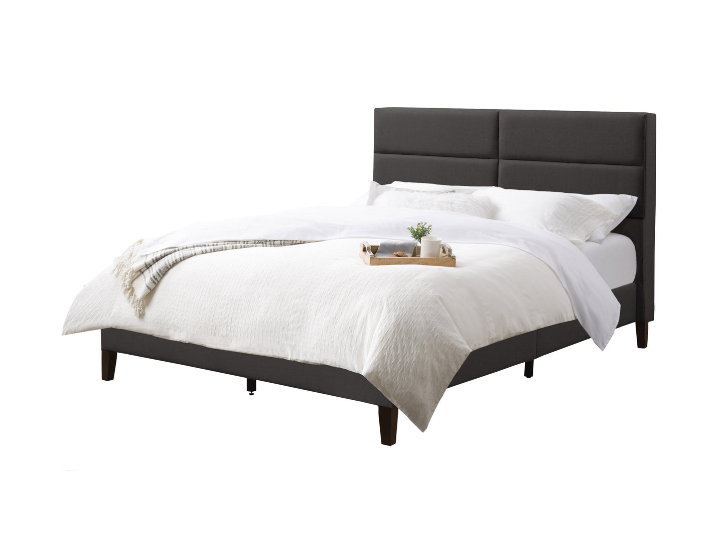 Dark grey upholstered double/full bed with tufted headboard, sleek design, and sturdy wooden legs. Ideal for modern bedrooms, offering comfort and style with high-quality fabric and durable construction.