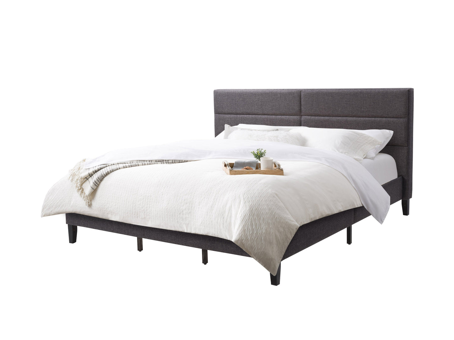 Dark grey upholstered king bed with tufted headboard, sturdy wooden frame, and plush fabric finish. Ideal for modern bedrooms, combining comfort and style with a sleek, contemporary design.
