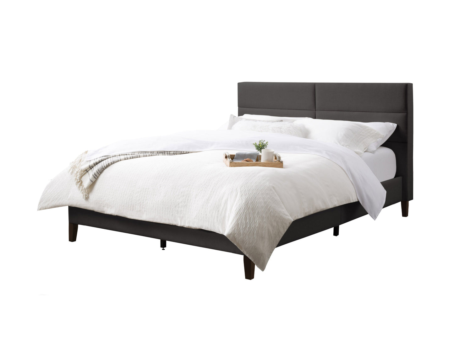 Dark grey upholstered queen bed with tufted headboard, soft fabric texture, and sturdy wooden frame. Ideal for modern bedrooms, offering comfort and style.