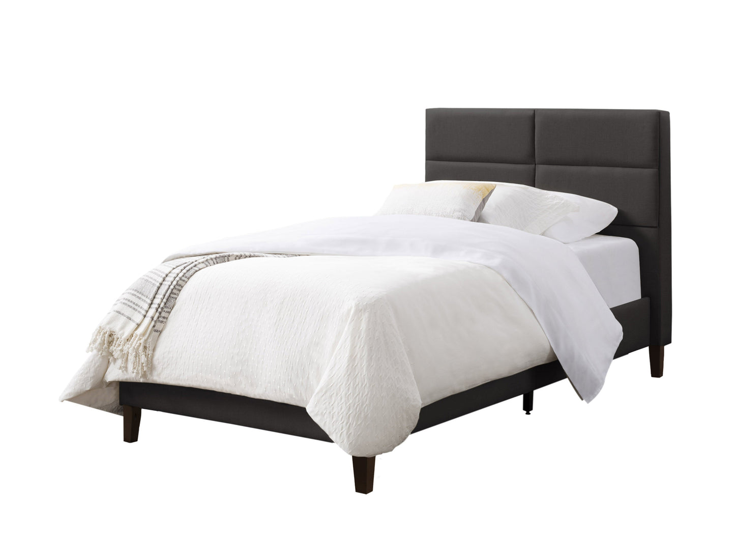 Dark grey upholstered twin bed with tufted headboard, wooden legs, and soft fabric finish. Ideal for modern bedrooms, providing comfort and style. Perfect single bed option for small spaces.