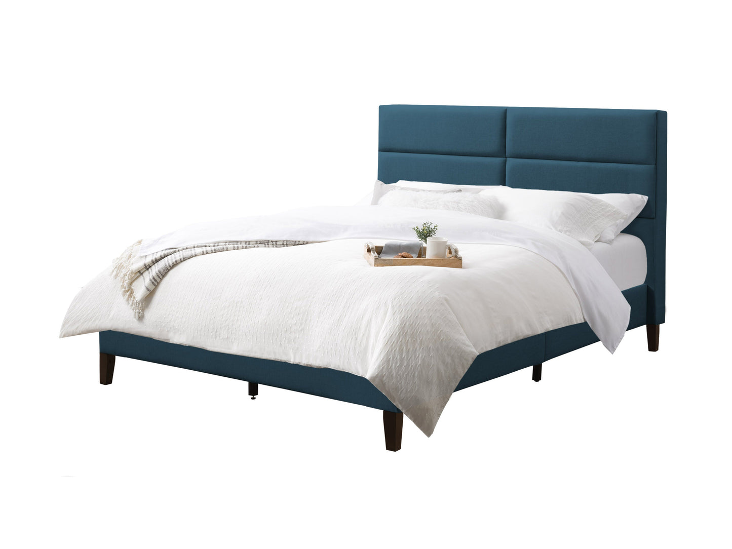 Blue upholstered double bed with tufted headboard, dark wooden legs, and soft fabric texture, perfect for modern bedroom decor.