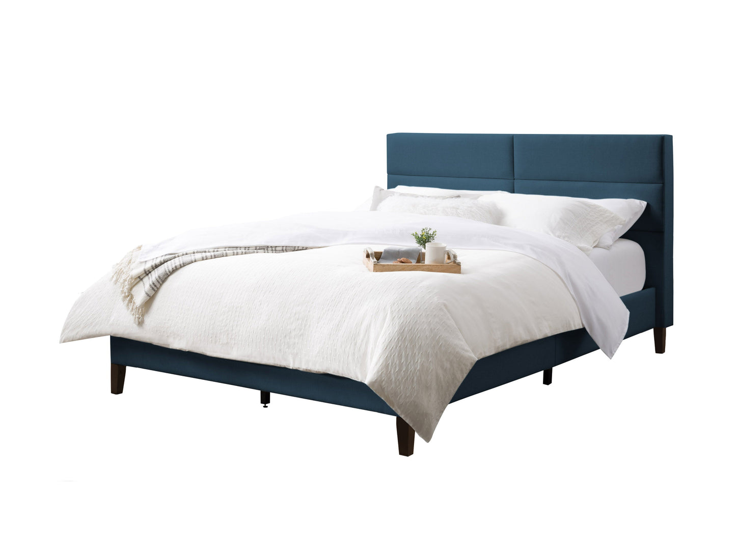 Blue upholstered queen bed with tufted headboard, wooden legs, and soft fabric finish. Ideal for modern bedrooms, offering comfort and elegance.