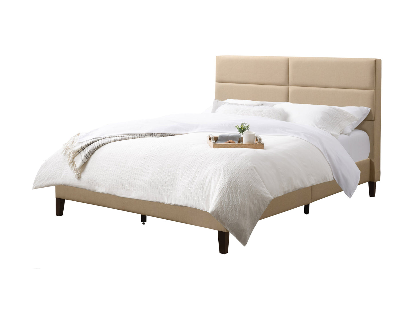 Cream upholstered double/full bed with tufted headboard, wooden legs, and soft fabric texture. Ideal for modern bedrooms, offering comfort and style.