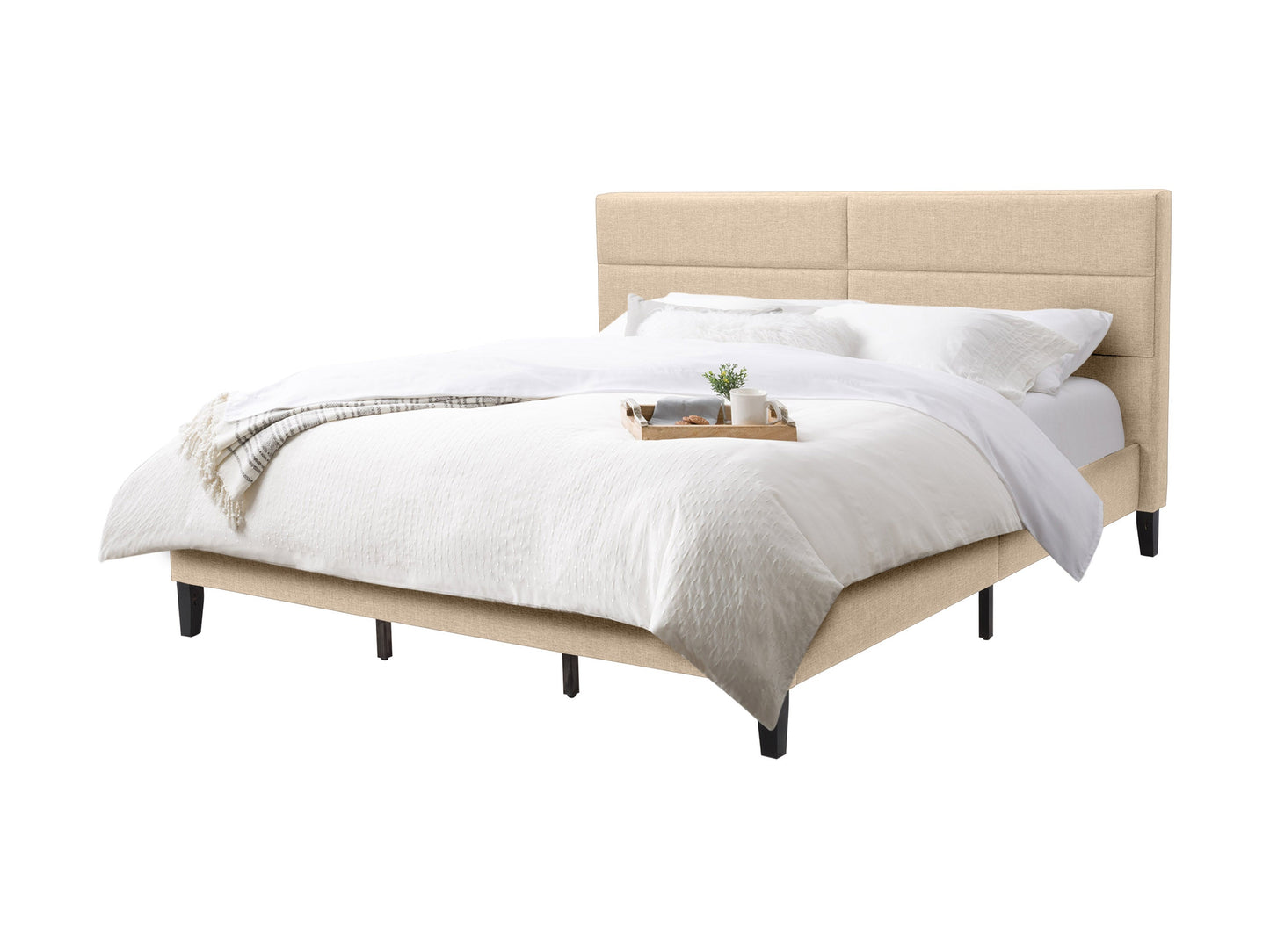 Cream upholstered king bed with tufted headboard, soft fabric, wooden legs, and a sturdy frame. Ideal for modern and classic bedrooms.