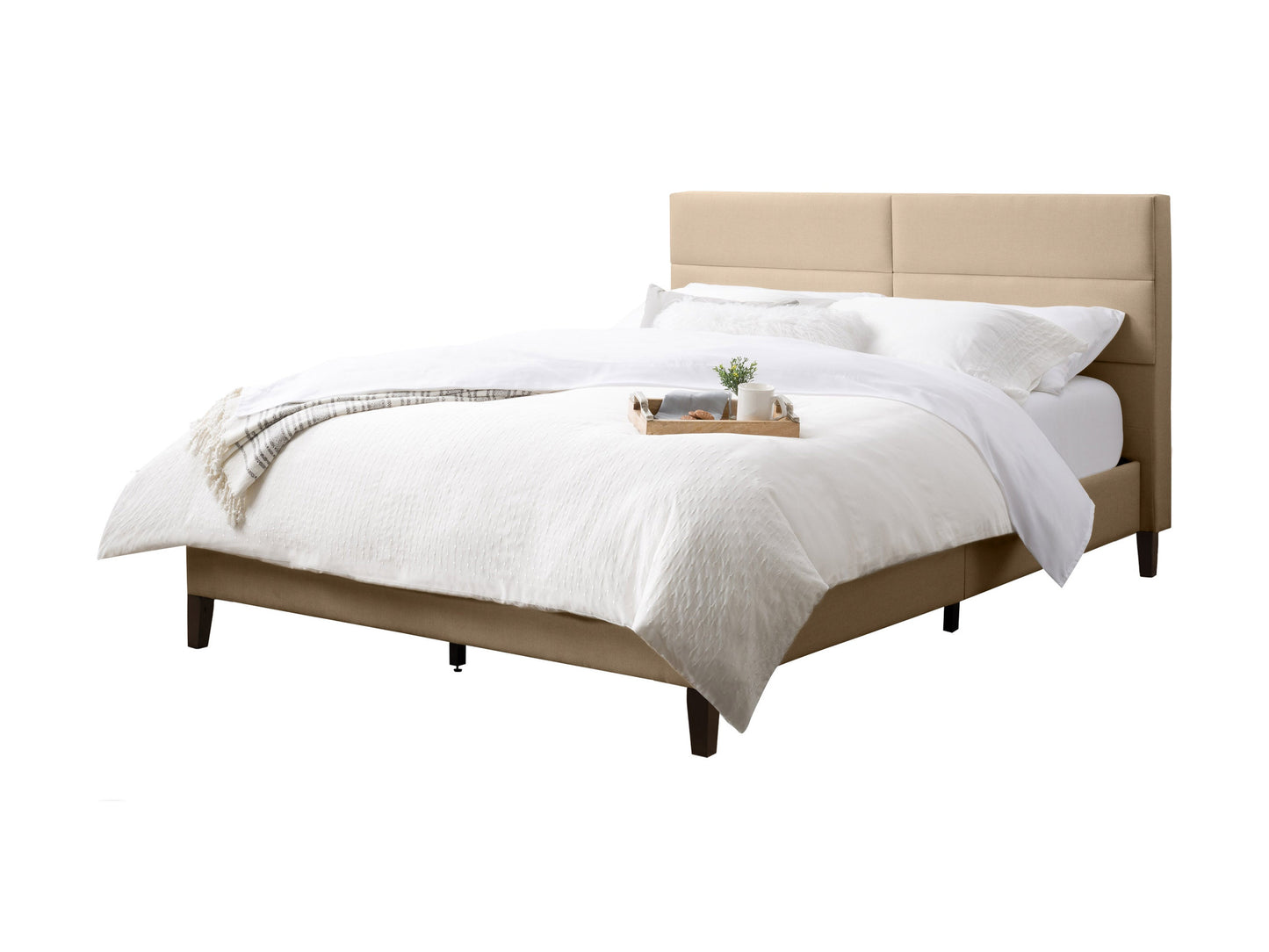 Cream upholstered queen bed with tufted headboard, wooden legs, and soft fabric finish, perfect for modern bedroom decor.