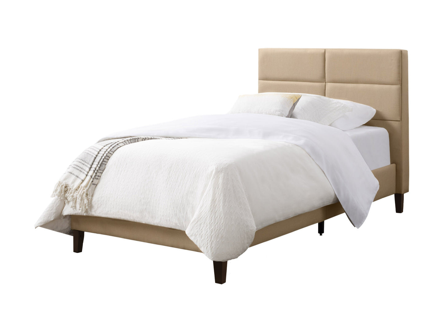 Cream upholstered twin bed with tufted headboard, wooden legs, and soft fabric finish. Ideal for modern bedrooms, offering comfort and style. Perfect for small spaces and children's rooms.