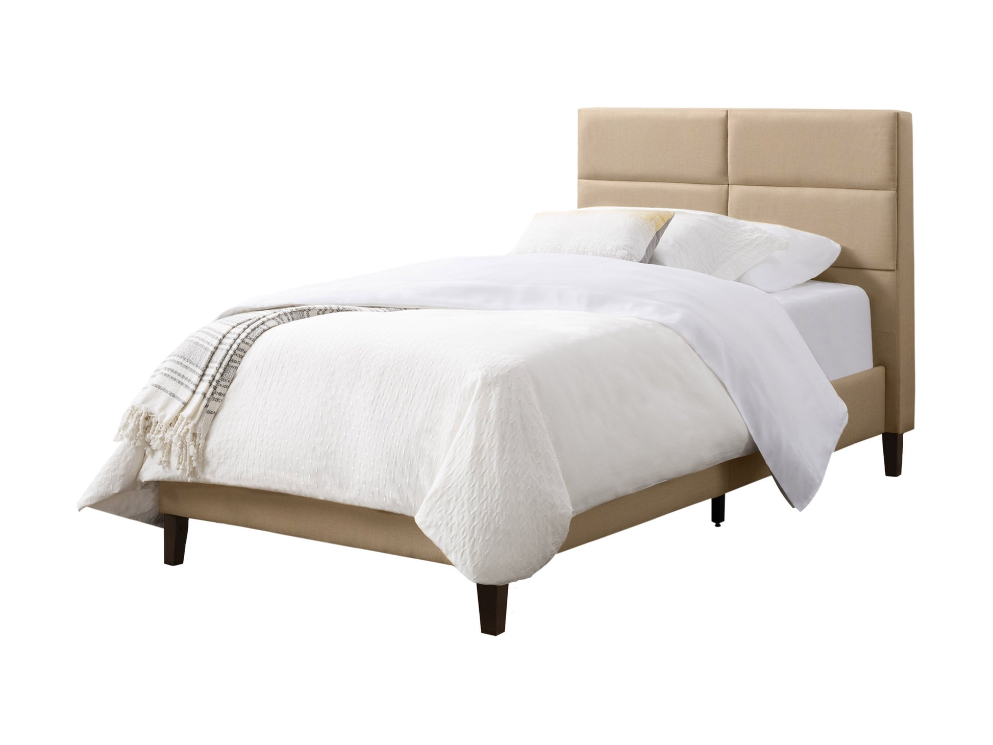 Cream upholstered twin bed with tufted headboard, wooden legs, and soft fabric finish. Ideal for modern bedrooms, offering comfort and style. Perfect for small spaces and children's rooms.