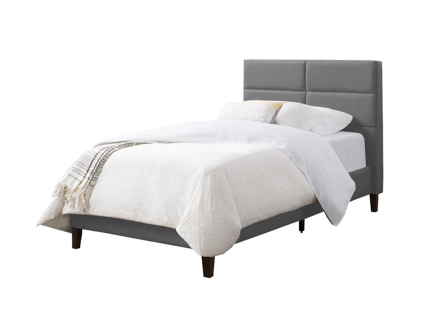 Light grey upholstered twin/single bed with tufted headboard, soft fabric texture, and wooden legs. Ideal for modern bedrooms seeking a stylish and comfortable sleeping solution.