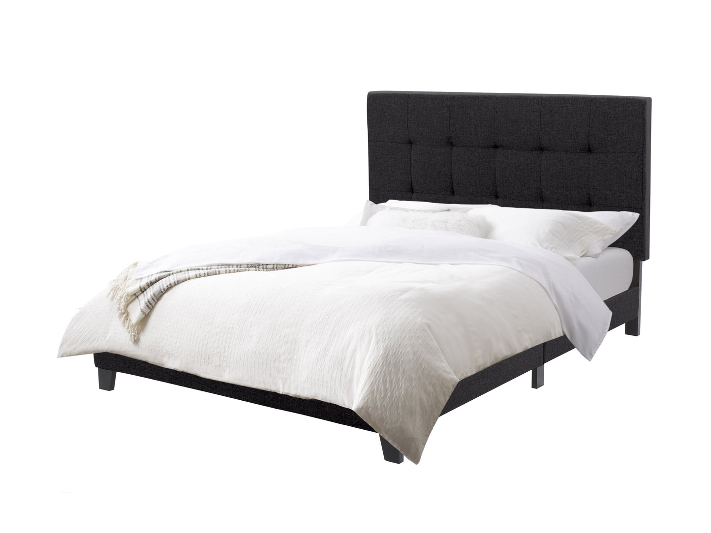Black double/full panel bed with sleek lines, sturdy wooden frame, and modern minimalist design. Features a solid headboard and footboard with subtle panel detailing, perfect for contemporary bedroom decor.