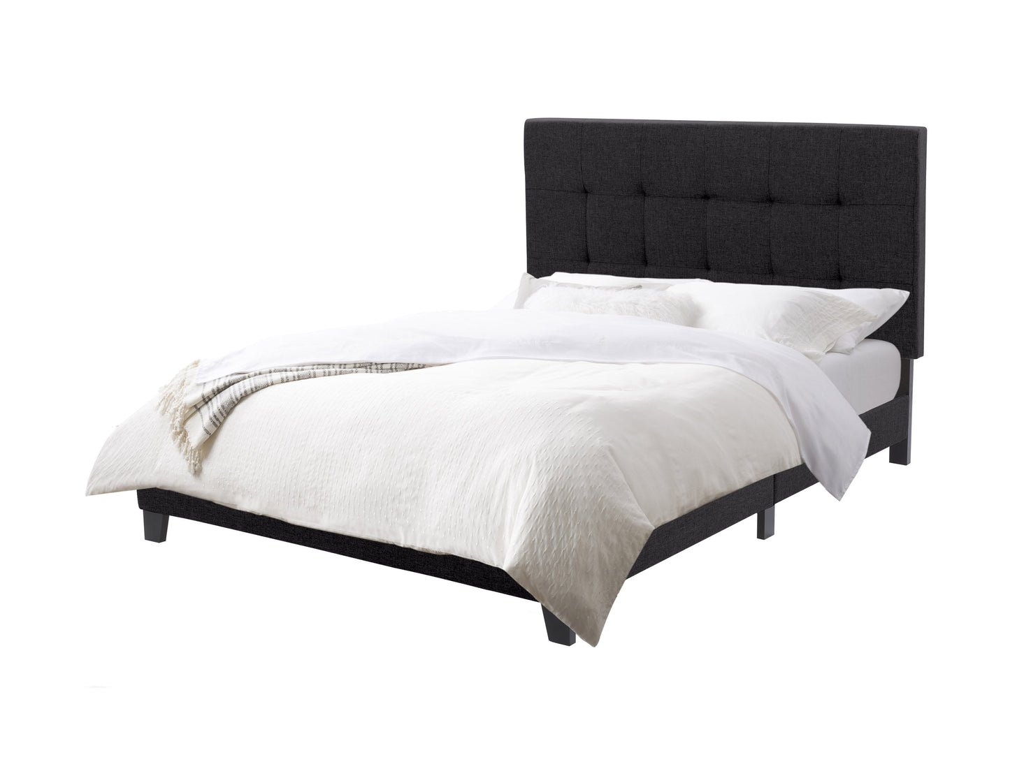 Black queen panel bed with sleek lines, upholstered headboard in plush fabric, and sturdy wooden frame. Ideal for modern bedrooms, this stylish bed combines comfort and elegance with a contemporary design.