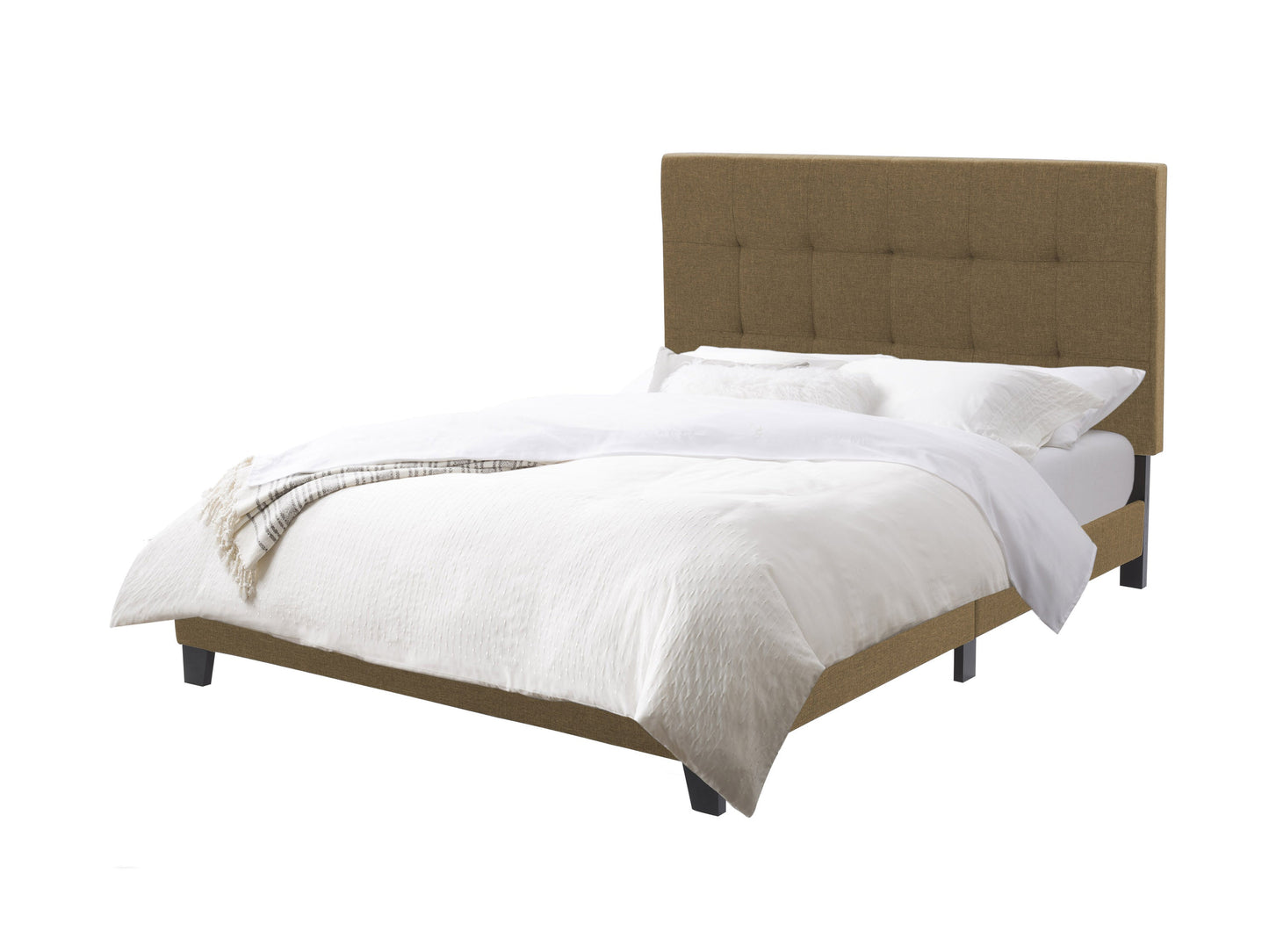 Dark wood double panel bed with clay-colored upholstered headboard, featuring clean lines and a minimalist design. Ideal for modern bedrooms, this full-size bed combines comfort and style with a sturdy frame.