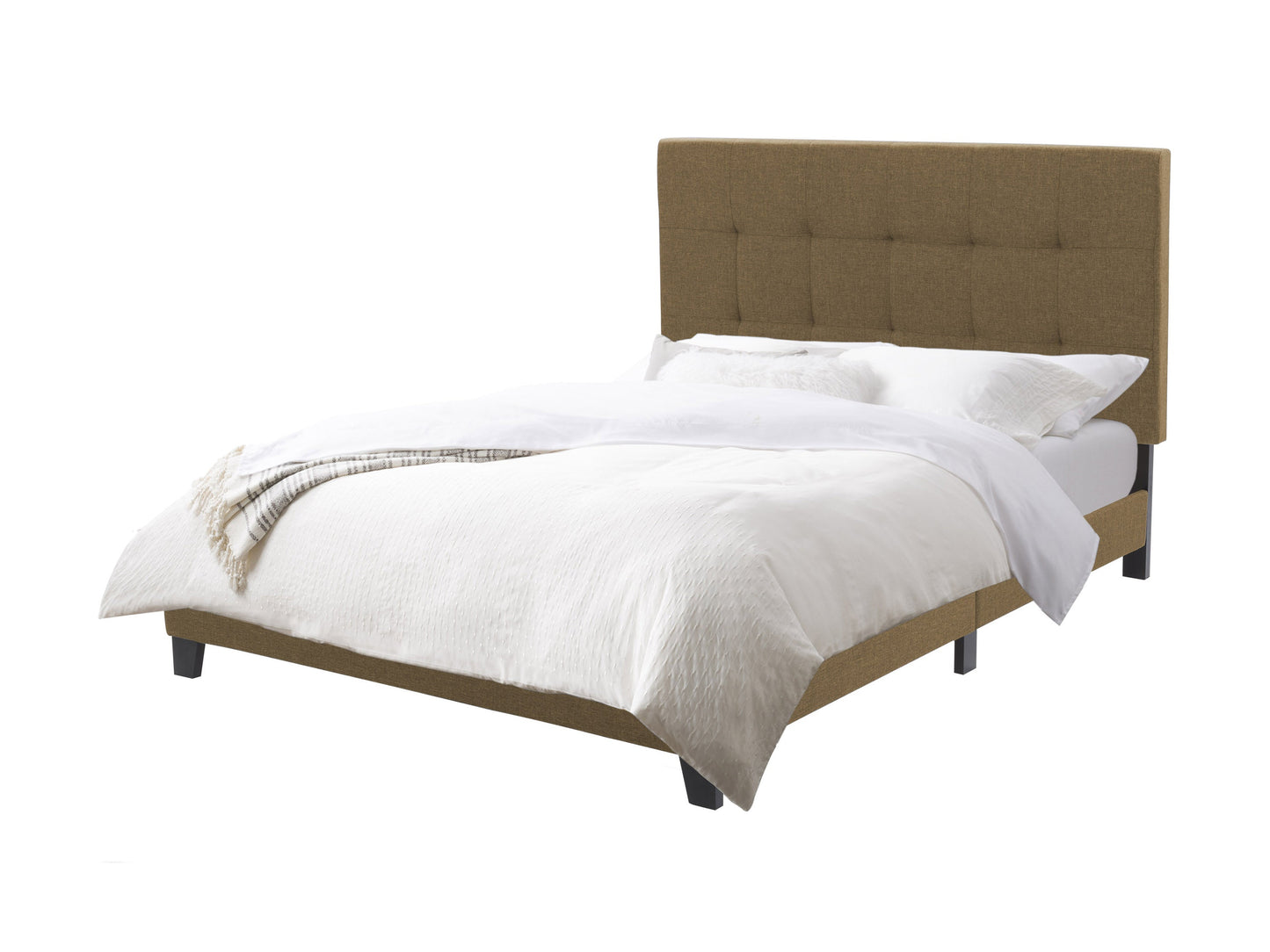 Queen panel bed in clay finish featuring a solid wood frame with elegant panel detailing, soft beige upholstery, and a sturdy headboard. Ideal for modern or rustic bedroom decor.