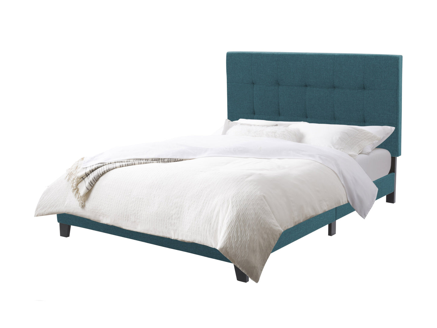 Blue queen panel bed with upholstered headboard, wooden frame, and sleek modern design, featuring soft velvet texture and sturdy construction, perfect for contemporary bedroom decor.