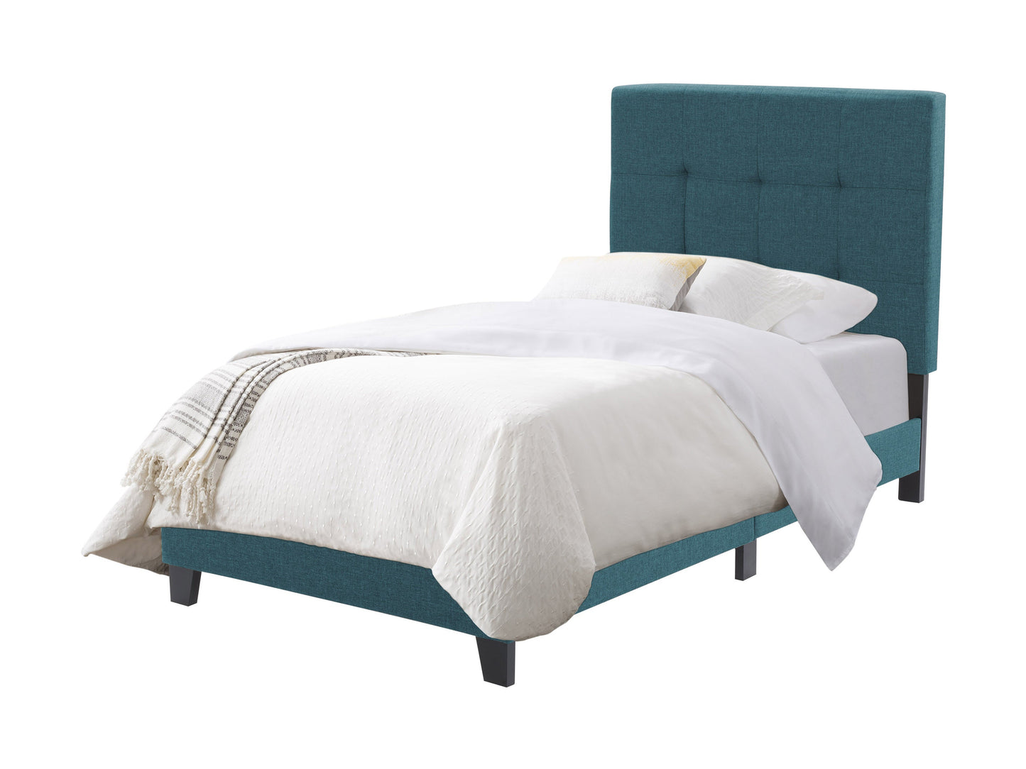 Blue twin/single panel bed with sleek wooden frame, featuring a minimalist design and sturdy construction. Ideal for modern bedrooms, this bed provides both style and comfort.