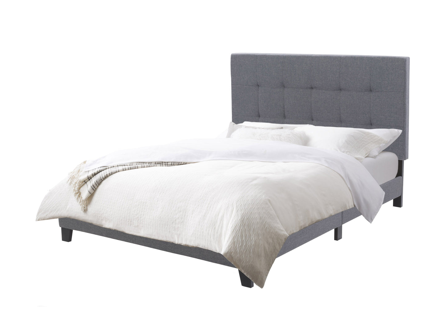Alt Tag: Queen panel bed in grey with upholstered headboard, wooden frame, and minimalist design, featuring clean lines and a modern aesthetic, perfect for contemporary bedrooms.