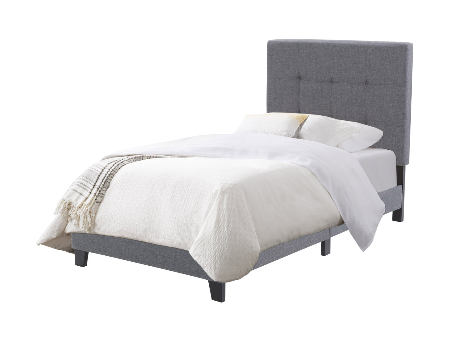 Grey twin/single panel bed with sleek lines, upholstered headboard, and wooden frame. Modern design with soft fabric texture, perfect for contemporary bedrooms. Durable and stylish for kids or guest rooms.