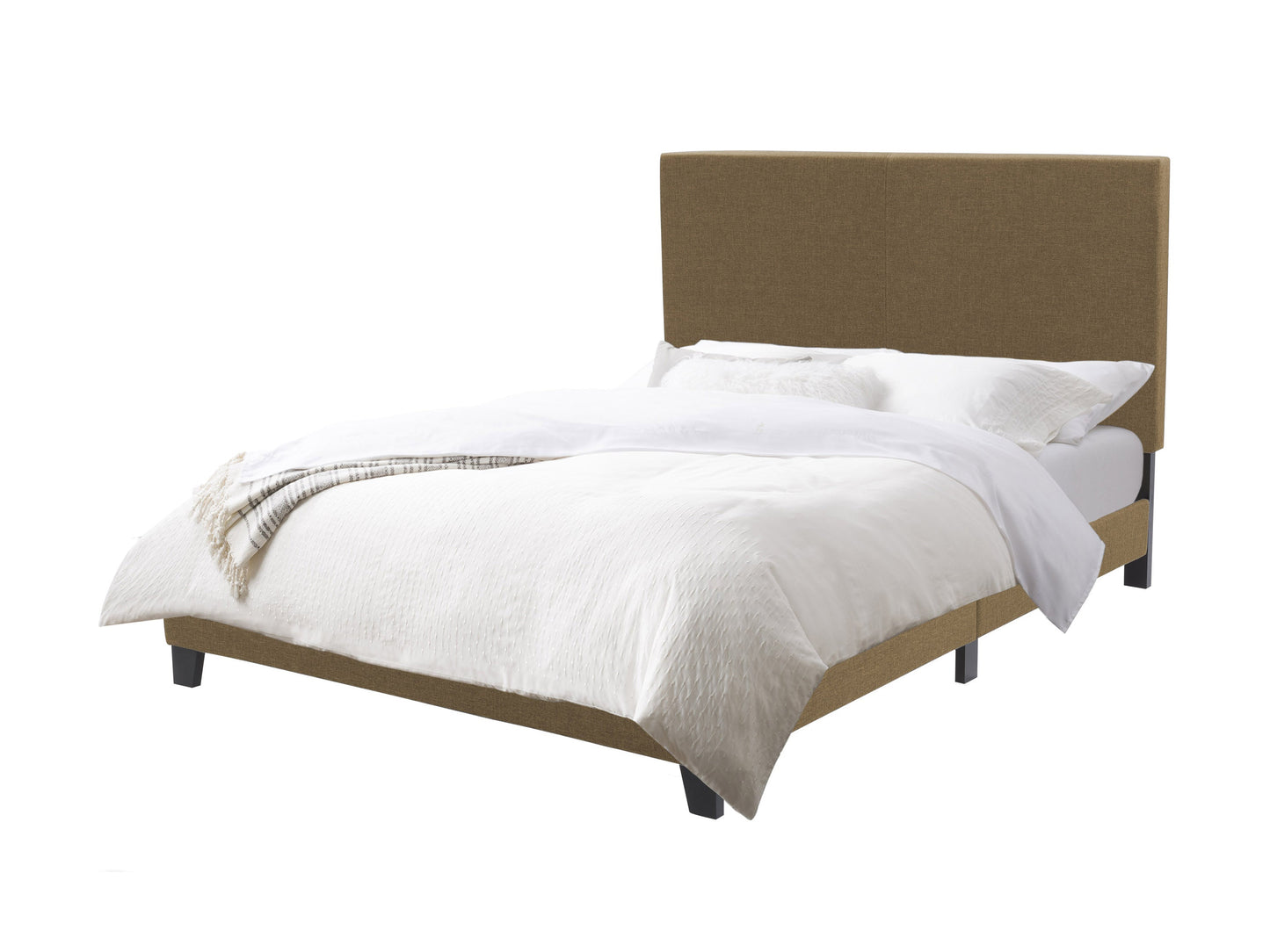 Contemporary queen bed with a clay-colored upholstered headboard, sleek wooden frame, and minimalist design. Perfect for modern bedrooms seeking a stylish and comfortable sleeping solution.