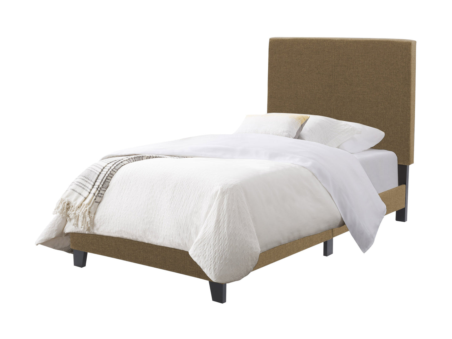 Contemporary twin bed in clay color with a sleek wooden frame, upholstered headboard, and minimalist design. Ideal for modern bedrooms, combining comfort and style with durable materials and neutral tones.