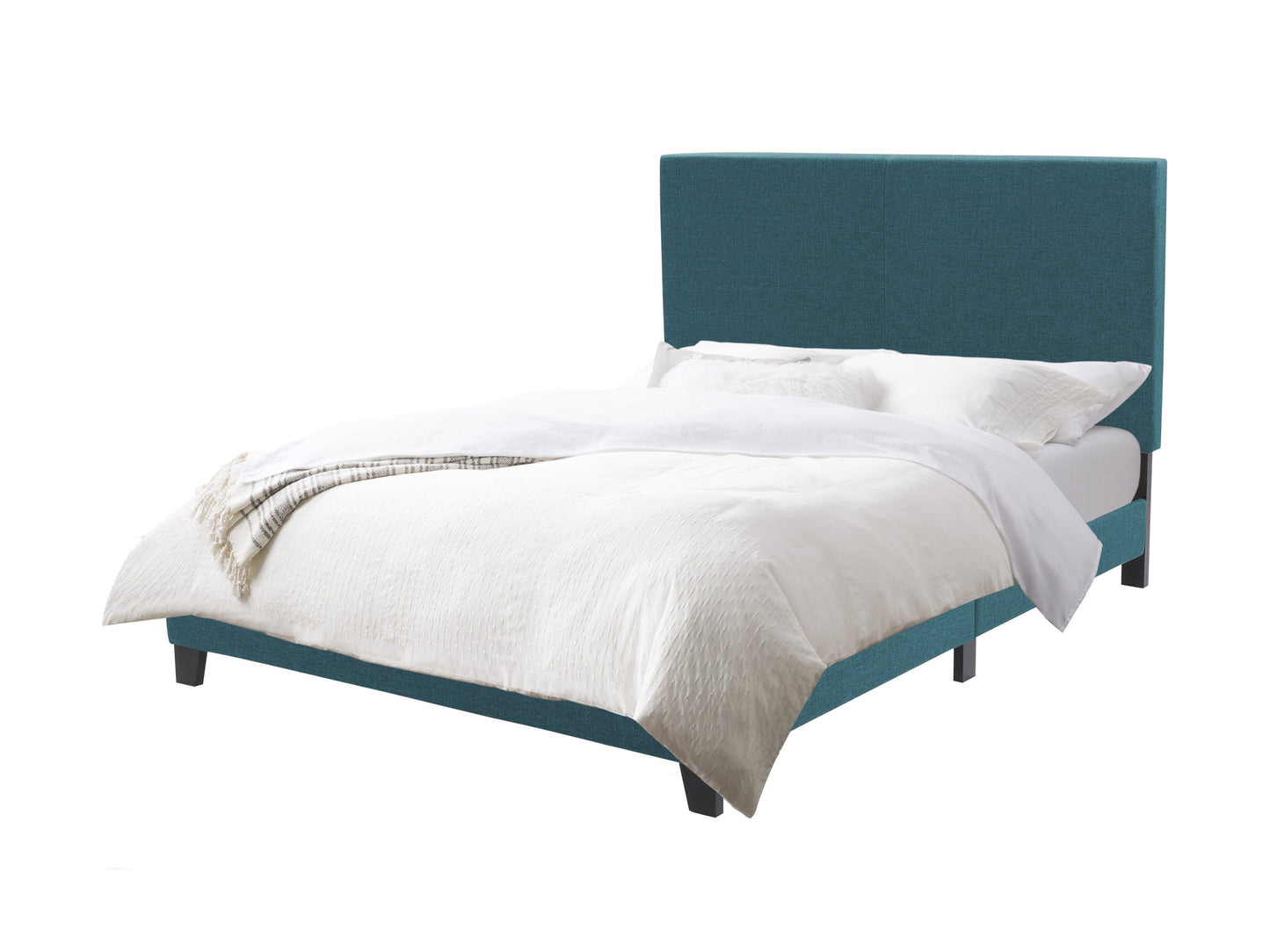 Blue contemporary double/full bed with sleek metal frame, upholstered headboard, and minimalist design. Features soft fabric texture, sturdy construction, and modern aesthetic perfect for stylish bedroom decor.