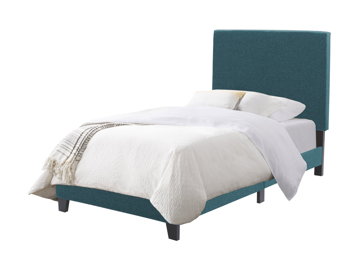 Contemporary blue twin bed with sleek wooden frame, upholstered headboard, and minimalist design. Ideal for modern bedrooms, this single bed features durable materials and a stylish, space-saving structure.