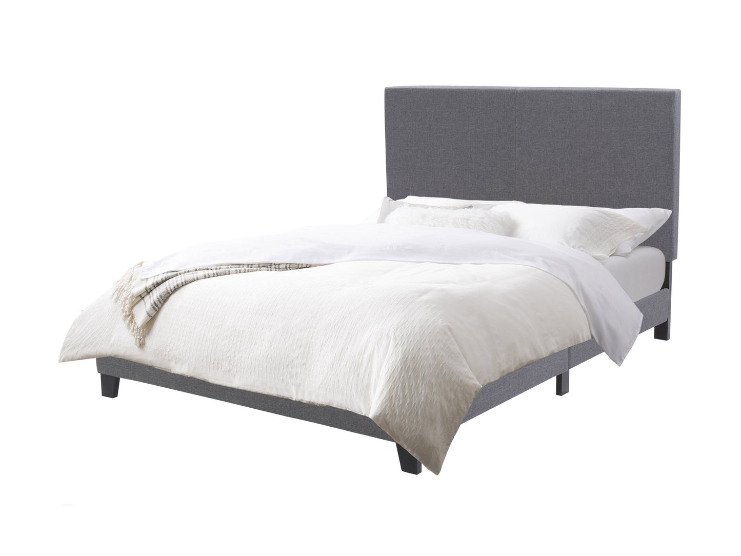 Grey contemporary double/full bed with upholstered headboard, sleek wooden frame, and minimalist design. Perfect for modern bedrooms, offering comfort and style. Ideal for full-sized mattresses.