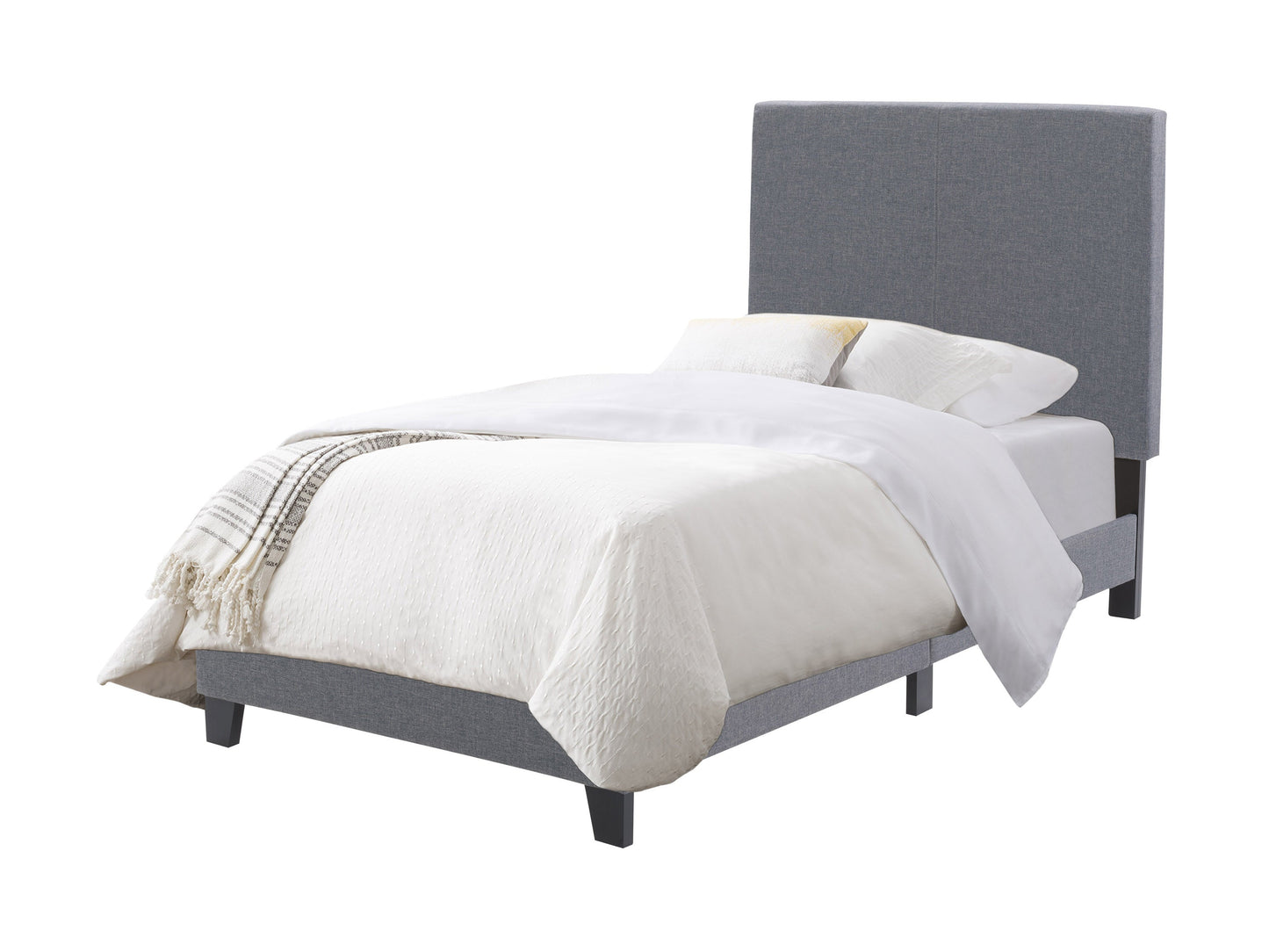 Contemporary twin/single bed with a sleek grey upholstered headboard, minimalist design, wooden legs, and soft fabric texture, ideal for modern bedrooms.