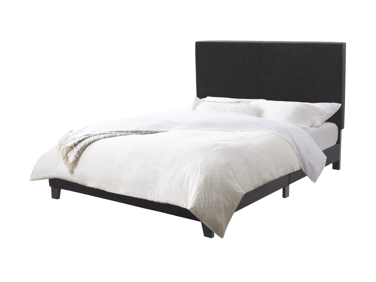 Charcoal contemporary double/full bed with sleek lines, upholstered headboard, and sturdy wooden frame. Ideal for modern bedrooms, offering comfort and style with its soft fabric and minimalist design.