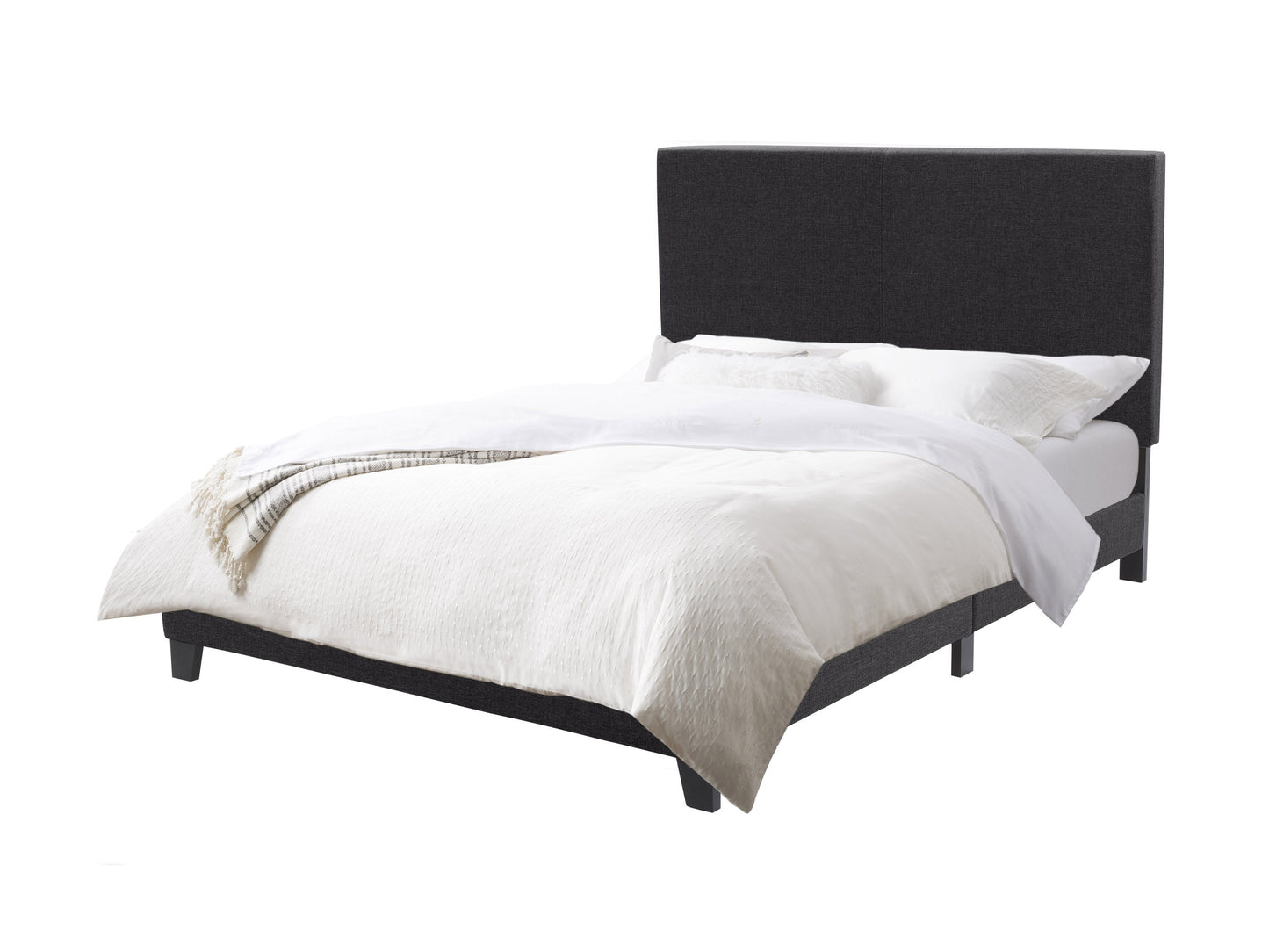 Contemporary queen bed with charcoal upholstered headboard, sleek wooden frame, and minimalist design. Ideal for modern bedrooms, this bed combines comfort and style with a sturdy construction and elegant finish.