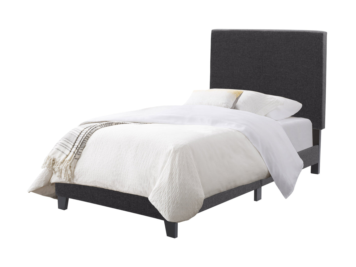 Contemporary twin bed in charcoal color with sleek lines, upholstered headboard, and sturdy wooden frame, perfect for modern bedrooms.