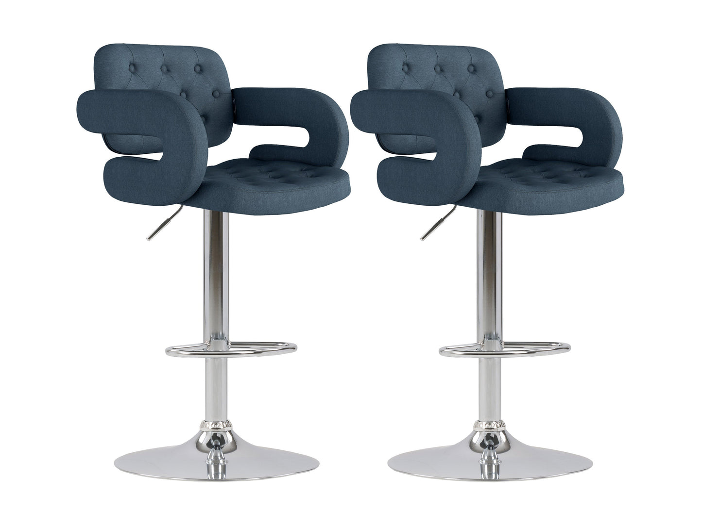 Dark blue bar stools with arms, set of 2, featuring plush velvet upholstery, sleek black metal legs, and a modern design ideal for kitchen islands or home bars.