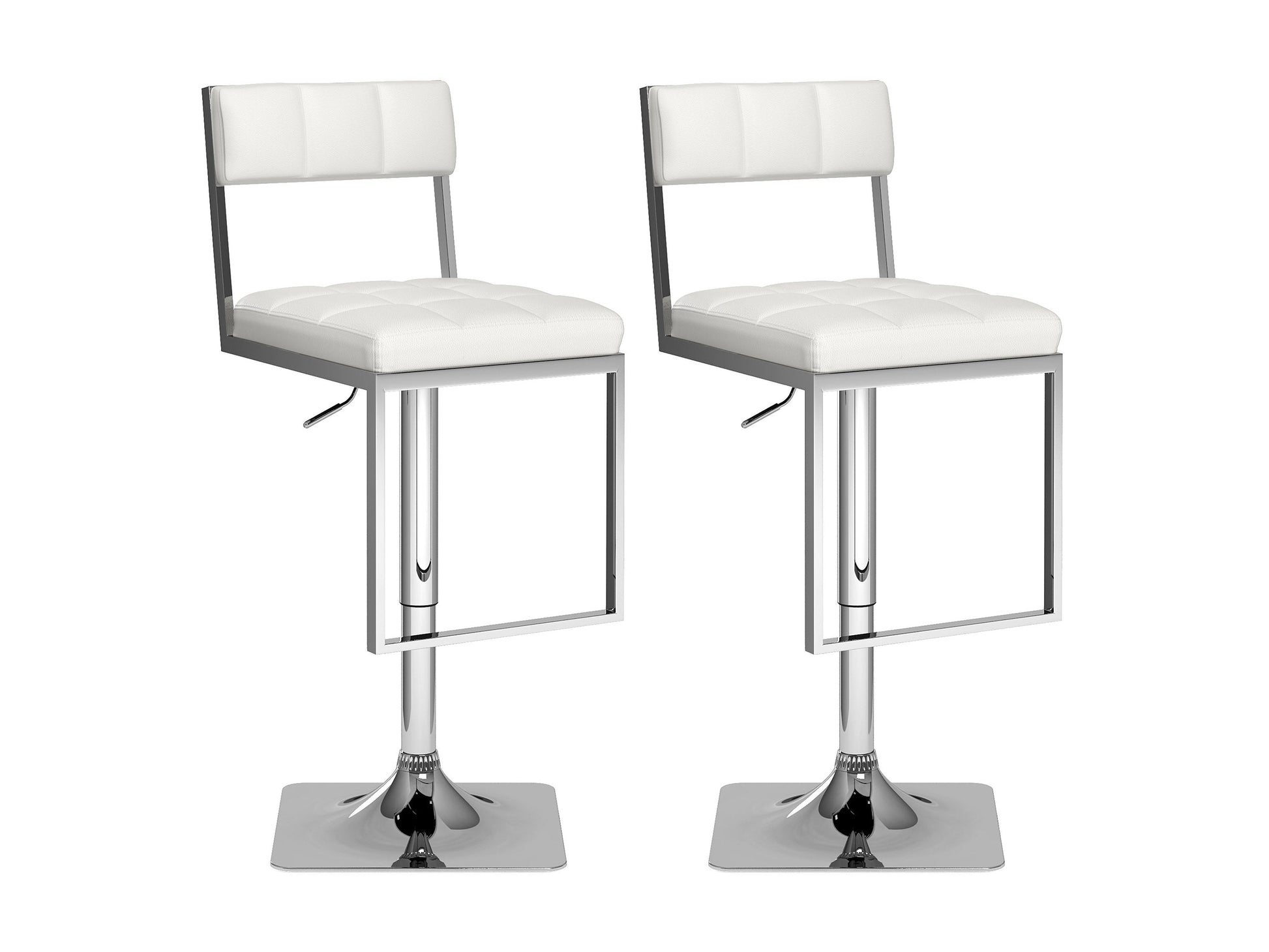 White bar stools set, featuring sleek metal legs, cushioned seats with a smooth leather finish, and a modern minimalist design perfect for kitchen counters or home bars.
