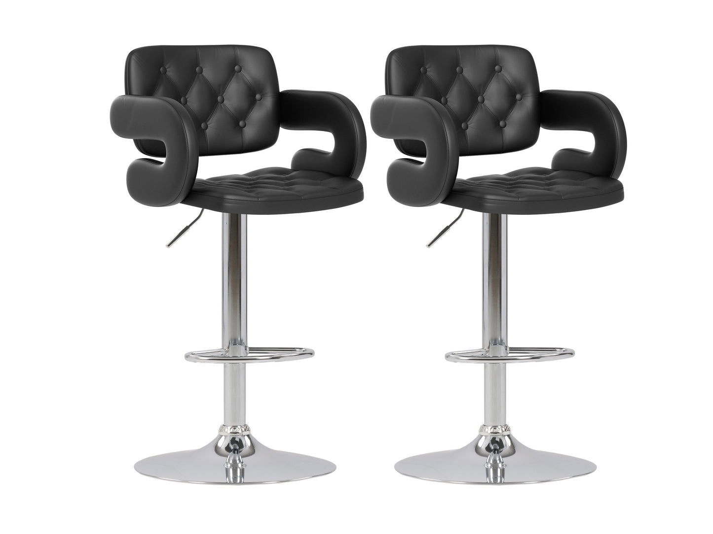 Black bar stools with arms, set of 2, featuring cushioned seats, sleek metal frames, and footrests, perfect for modern kitchen islands or home bars.