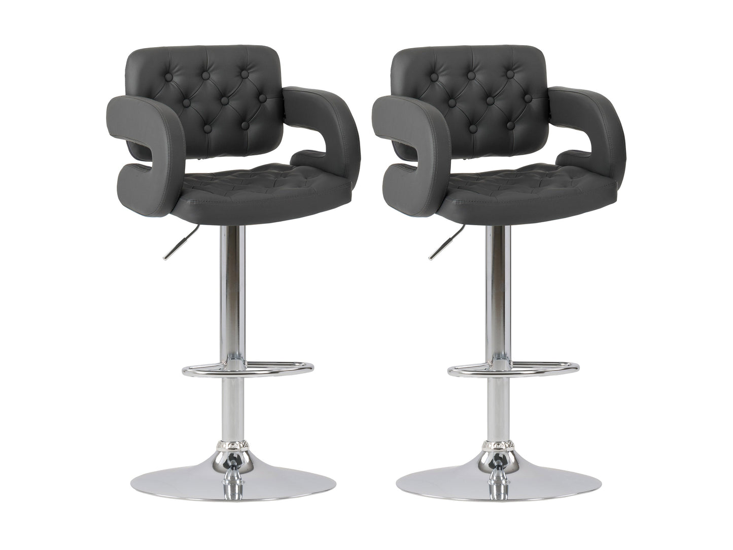 Dark grey bar stools with arms, set of 2, featuring plush fabric upholstery, sleek metal legs, and ergonomic design for enhanced comfort and style. Ideal for modern kitchen islands or home bars.