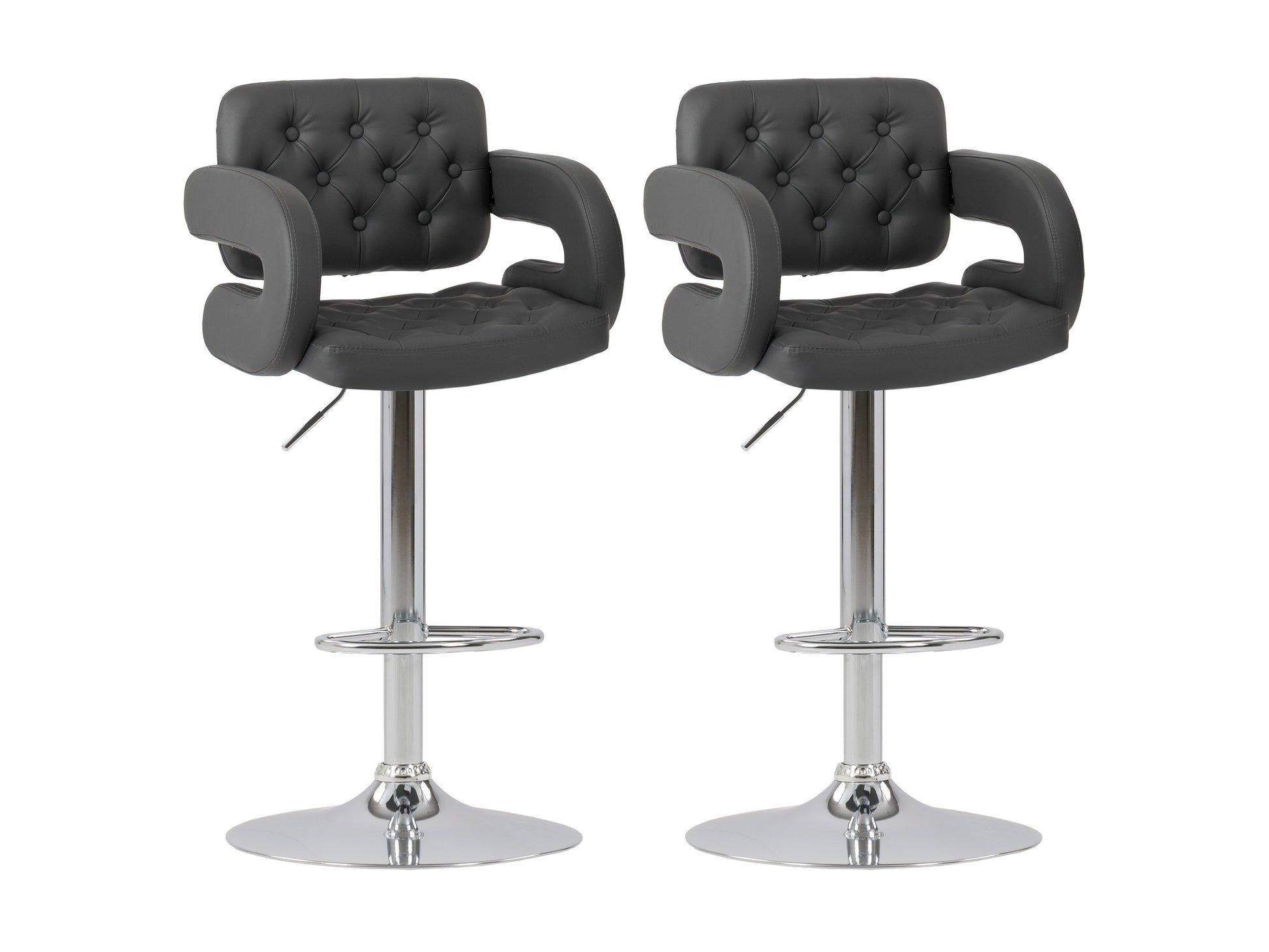 Dark grey bar stools with arms, set of 2, featuring plush fabric upholstery, sleek metal legs, and ergonomic design for enhanced comfort and style. Ideal for modern kitchen islands or home bars.