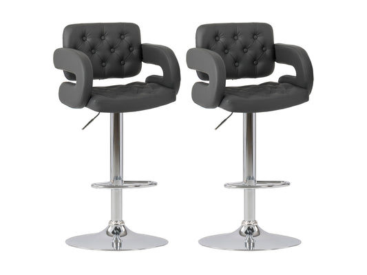 Dark grey bar stools with arms, set of 2, featuring plush fabric upholstery, sleek metal legs, and ergonomic design for enhanced comfort and style. Ideal for modern kitchen islands or home bars.