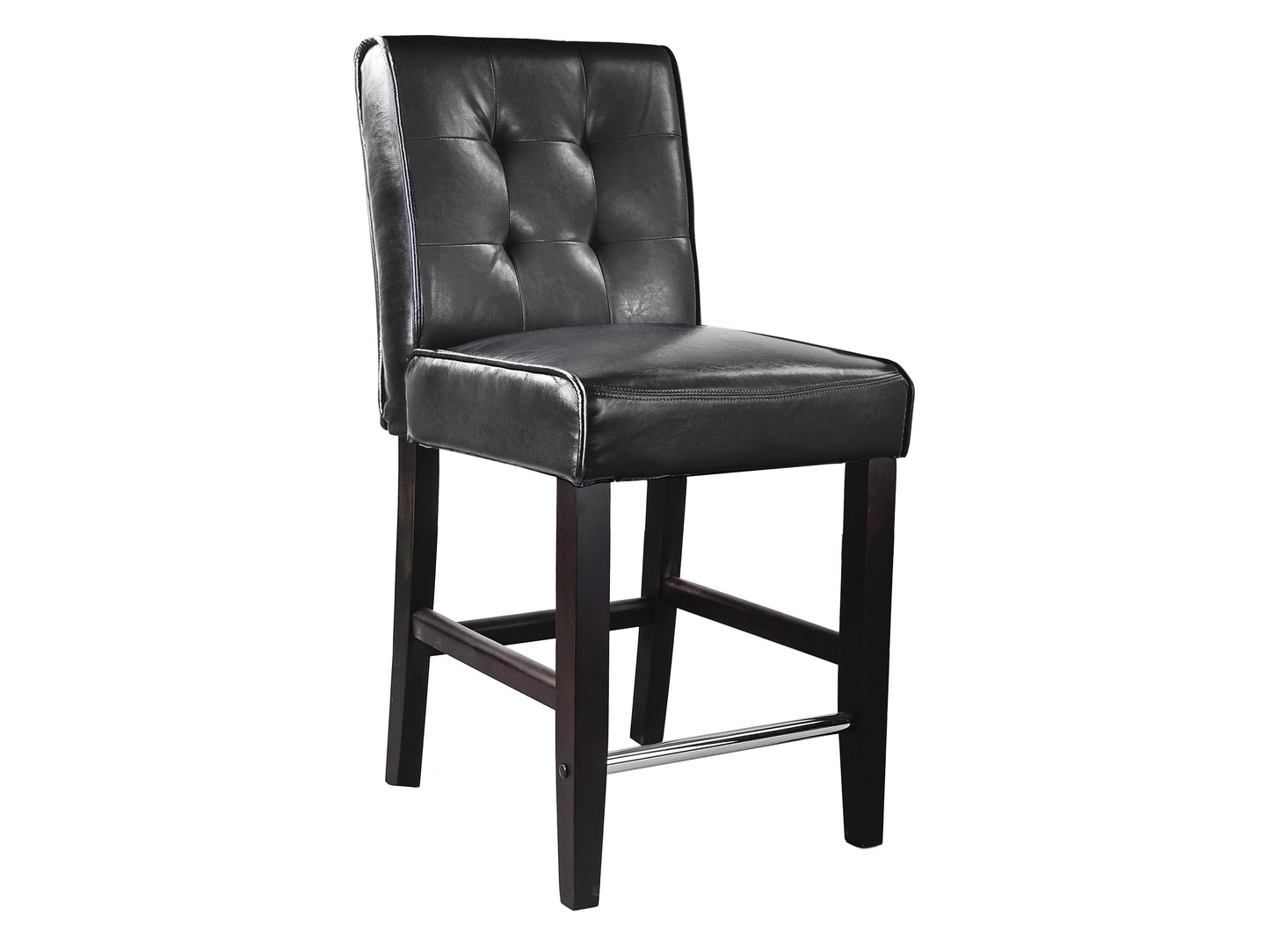 Black counter height bar stool with sleek metal legs, cushioned seat, and backrest in faux leather finish. Modern design suitable for kitchen islands and home bars. Ideal for contemporary and minimalist decor.