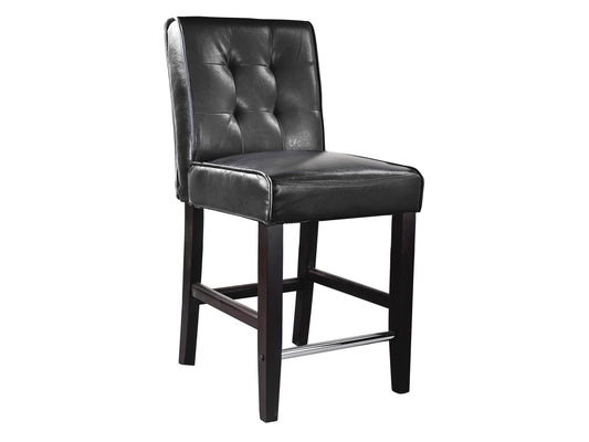 Black counter height bar stool with sleek metal legs, cushioned seat, and backrest in faux leather finish. Modern design suitable for kitchen islands and home bars. Ideal for contemporary and minimalist decor.