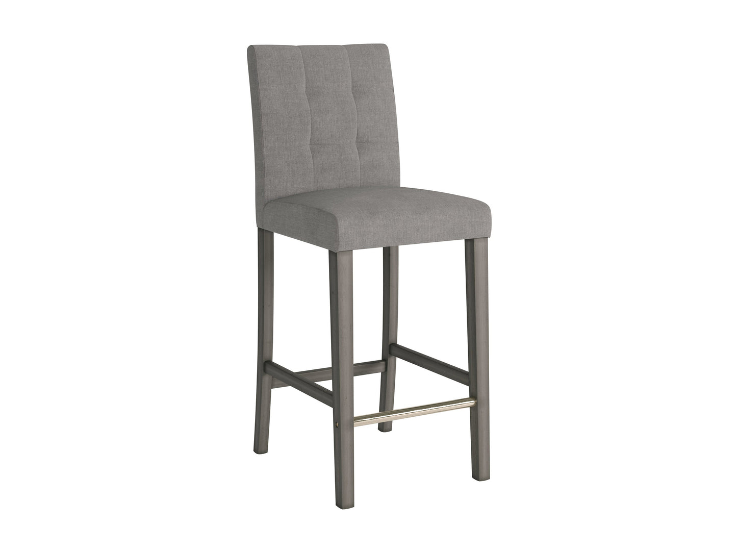 Silver grey bar height stool with cushioned fabric seat, sleek metal legs, and footrest. Ideal for modern kitchens or bars, this stool combines comfort and contemporary design.