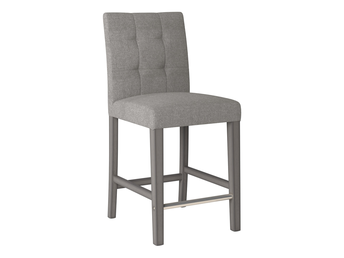 Gray fabric counter height bar stool with padded seat, black metal legs, and footrest. Modern minimalist design, perfect for kitchen islands or home bars. Durable and stylish seating solution.
