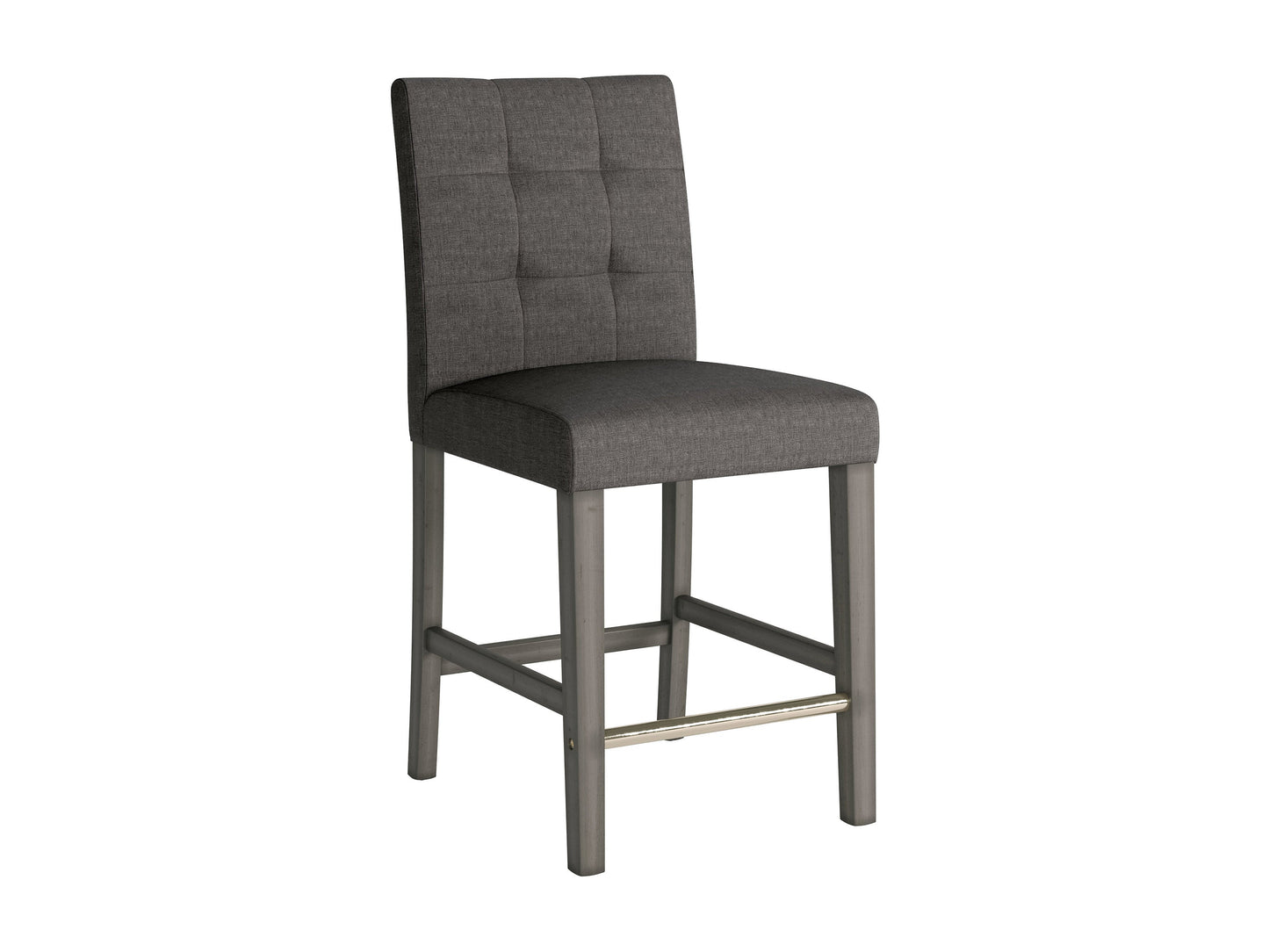 Charcoal brown fabric counter height stool with cushioned seat, sturdy wooden legs, and footrest, featuring sleek modern design and durable upholstery for kitchen or bar area.
