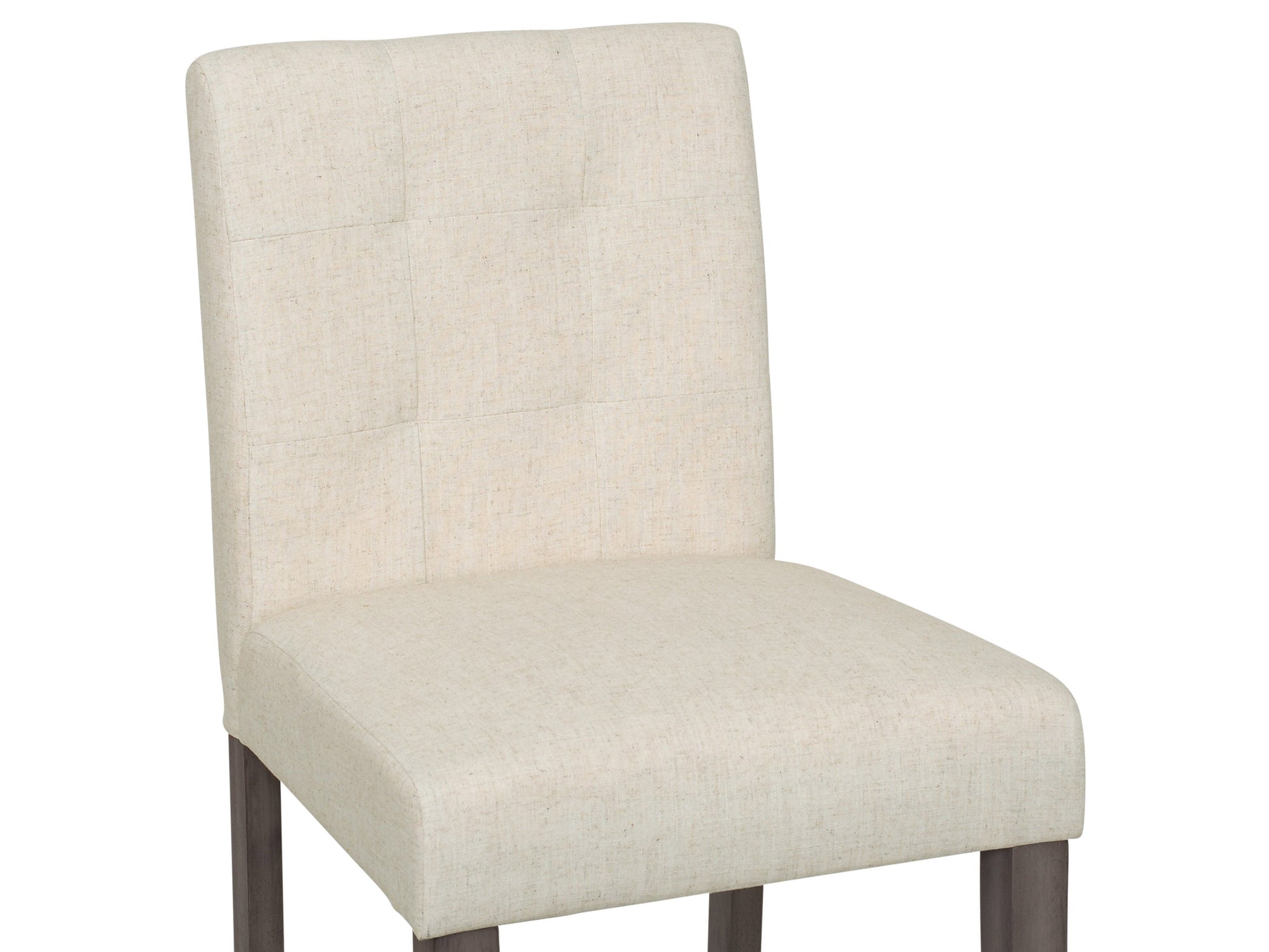 Beige fabric bar height stool with cushioned seat, dark wood legs, and footrest. Ideal for kitchen islands or home bars, this modern stool features a comfortable design and neutral color to match various decor styles.