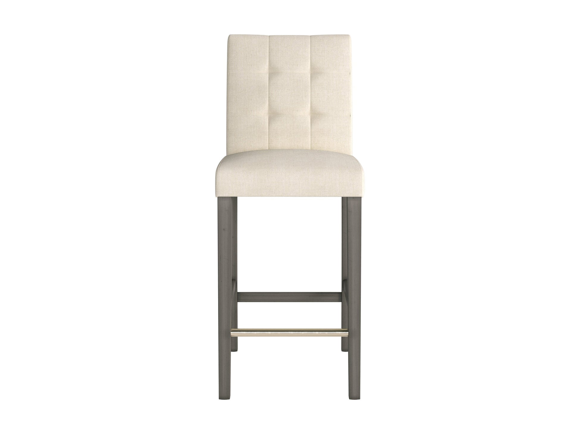 Beige fabric bar height stool with cushioned seat, dark wood legs, and footrest. Ideal for kitchen islands or home bars, this modern stool features a comfortable design and neutral color to match various decor styles.